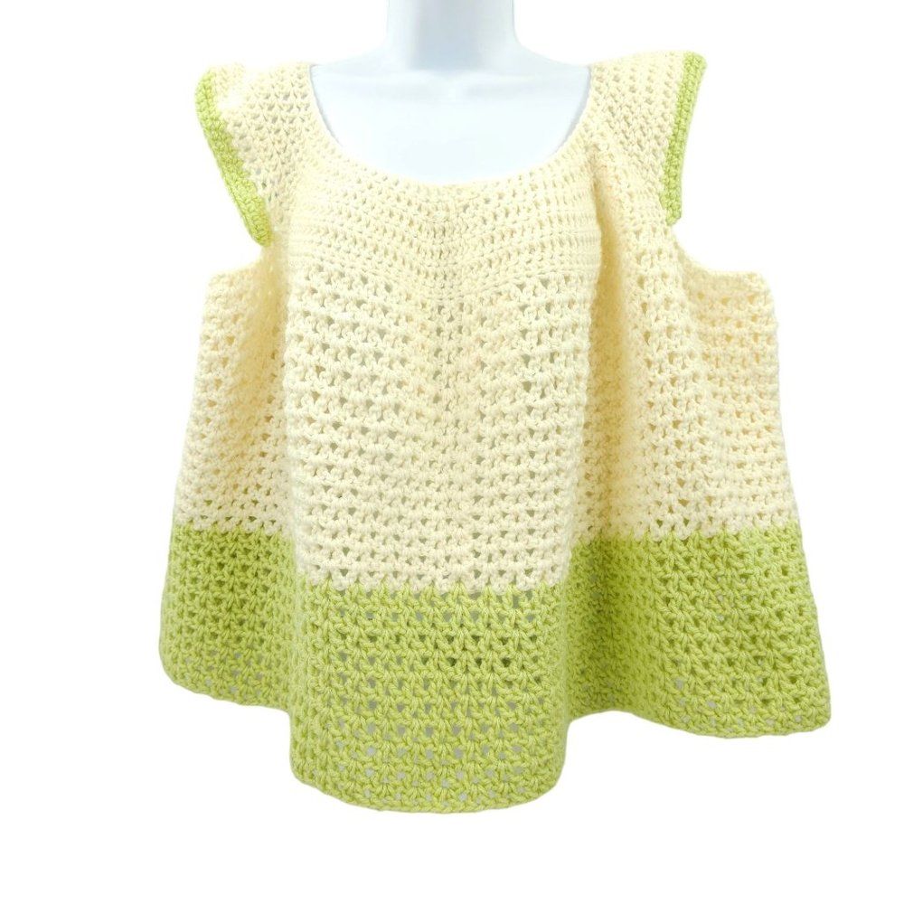 Handmade Crochet Cropped Top Cream Green Womens XL Sleeveless Y2K Festival Boho